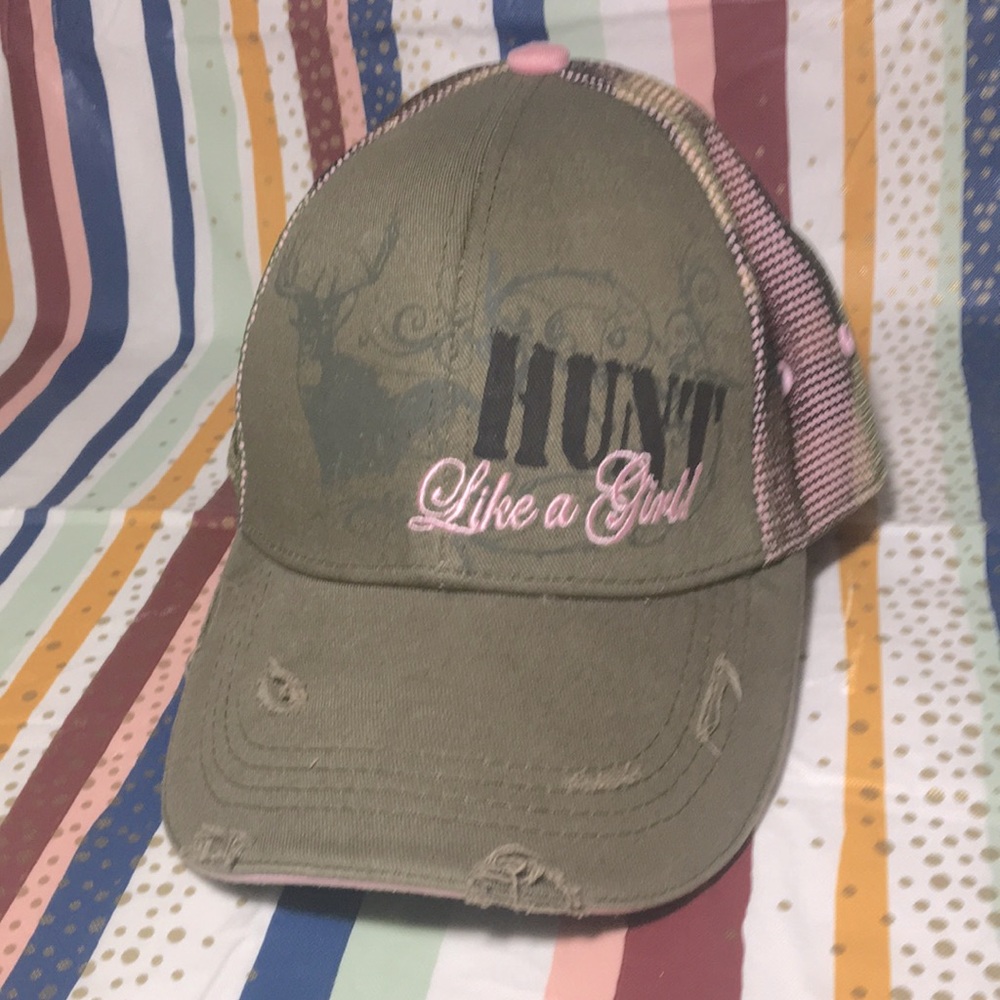 Woman’s Buck Wear Ball Cap White new distressed look pink camo hunt like a girl